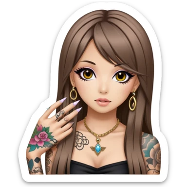 hime gyaru girl, long straight brunette hair, tattoos, dark makeup,  sticker