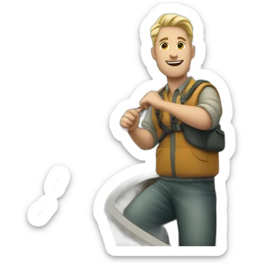 White man on a boat heading right with a fishing rod with a huge hook sticker