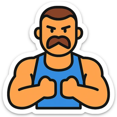 icon vpn app, call warrior, muscular man, buzz cut and Handlebar moustache in the style of an icon sticker