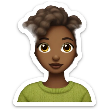 Dark brown girl, brown eyes, brown skin, long lashes, big rosé lips, matcha green sweater, holding parakeet in arms sticker