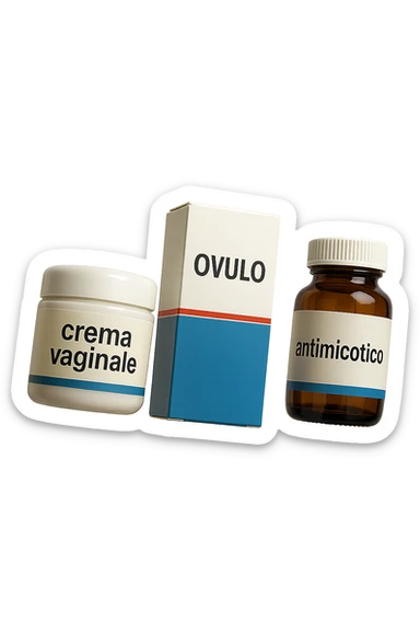 un barattolo di crema con la scritta "crema va**ale", una scatola con farmaco con la scritta "ovulo", un barattolo di farmaco con la scritta "antimicotico" in italiano sulle etichette, fluttuano in aria, IPERREALISTICO 4K sticker