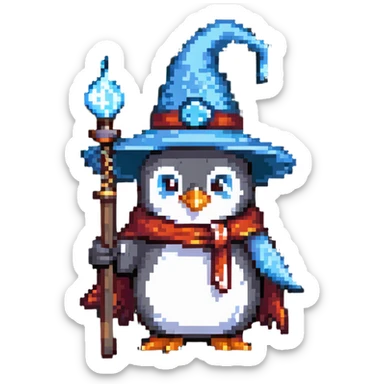 penguin wizard with a pointy hat and magic staff sticker