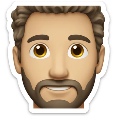 young caucasian man, dark brown hair, dark brown beard, pointed nose sticker