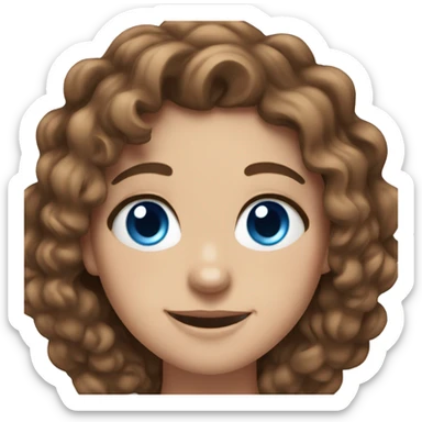 White girl, blue eyes, brown curly hair, big smil sticker