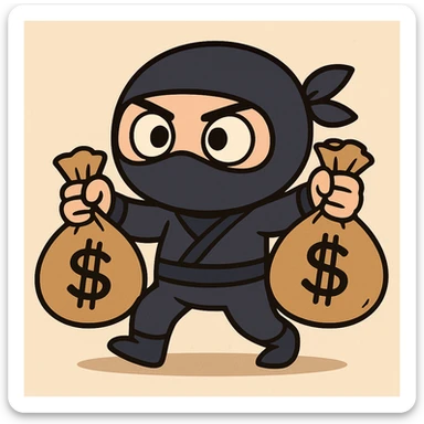 a cute ninja with two money bags, cartoon style sticker