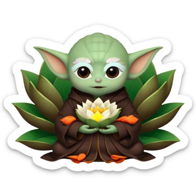 Baby Yoda con su tunica chocolate oscuro sentado dentro de una flor de loto estilo chino sticker
