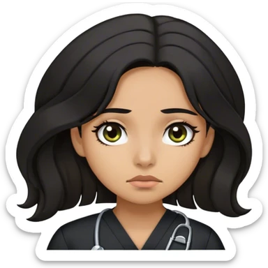 Latina girl with dark long hair in a claw clip and dark eyes and olive skin wearing black scubs and tired sticker