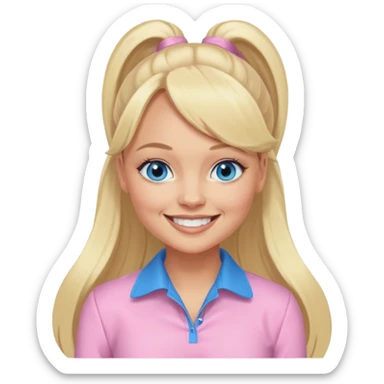 Emma Bunton with long blonde ponytail hair, blue eyes, light pink outfit sticker