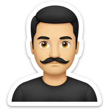 đàn ông 40 tuổi, da vàng đậm, tóc dài màu đen, ria mép màu đen, áo đen sticker