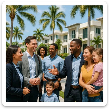 Foto hiper realista que refleje a nuestro cliente ideal de real estate: Profesionales y familias en transición Que desean mudarse a Miami o adquirir una segunda residencia, guiados por un equipo que habla su idioma —literal y figurativamente. sticker