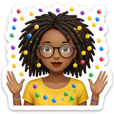 Black female with dark dreadlock hair wearing large round glasses and a yellow top celebrating with confetti sticker