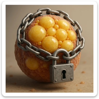 adipocyte with visible lipid droplets locked by chains and padlock, hyper realistic 4K, microscopic details, neutral background sticker