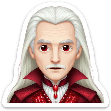 Count Dracula from Universal Monsters with long white hair, dark red sequin outfit sticker