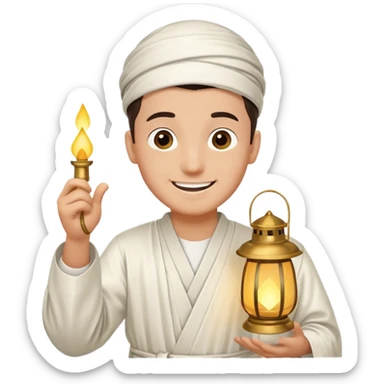Young man with a happy smile, wearing a traditional white thobe and holding a lantern. sticker