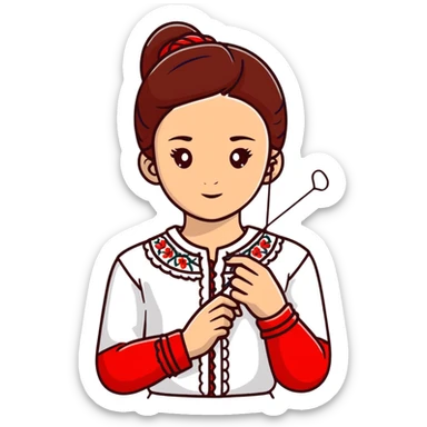 A young Ukrainian girl in a white embroidered shirt holds a red thread and a needle in her hand sticker