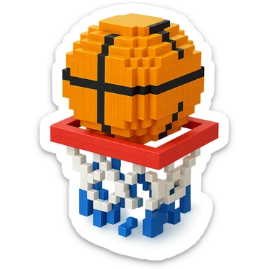 A voxel-style basketball in a net, simple and clear sticker