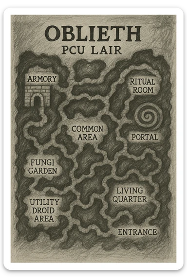 a hand drawn map of how to navigate the Oblieth cave system to find the PCU Lair sticker