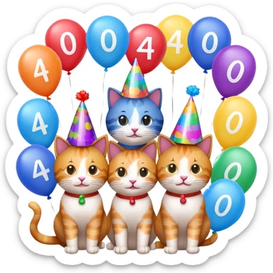 six cats at a 40th birthday party, festive decorations, balloons with '40', emoji style sticker