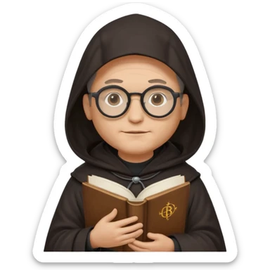 Monk priest prayer black habit with hood round black glasses done light brown wavy hair under hood remove the medallion smaller more round glassed age 46 no necklace more oval face hand holding book that says RB 480 sticker