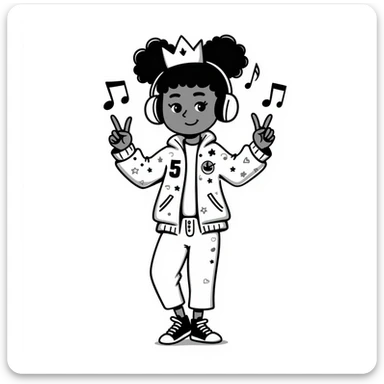 classic kids coloring fun style, black-and-white line art of a confident African-American girl with a crown and headphones, peace sign, hip-hop jacket, sneakers, music notes and stars around her, pure line art only, no shading, no borders, no grayscale, no solid black fills, portrait 1024x1536 sticker