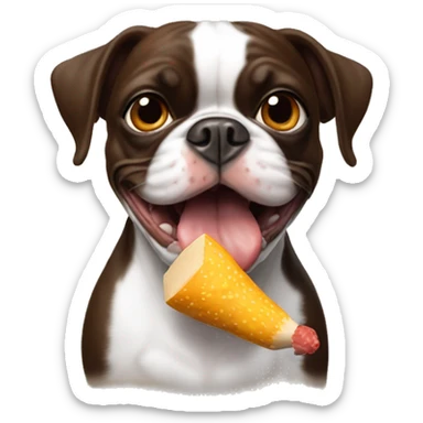 Brown and white Boston terrier with rubber chicken in mouth sticker