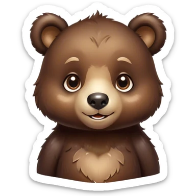 Cinematic Cute bear cub Portrait Emoji, Head tilted playfully and inquisitively, featuring a glossy dark brown fur with a natural sheen and round, sparkling eyes filled with gentle curiosity, Simplified yet irresistibly adorable features, highly detailed, glowing with a warm, friendly glow, high shine, affectionate and mighty, stylized with a touch of woodland whimsy, bright and endearing, soft glowing outline, capturing the essence of a mischievous yet loving bear cub, so playful it feels like it could amble out of the screen and into your arms! sticker