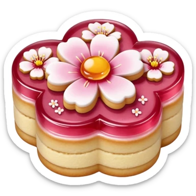 Realistic shortbread cookie in the shape of a cherry blossom with pale pink color jelly middle filling and sprinkled powder sugar on top. sticker