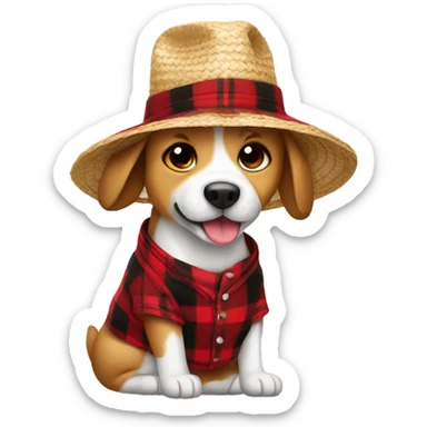 dog happy with straw hat and red plaid outfit sticker
