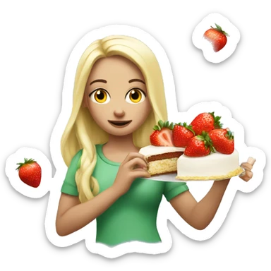 Super White girl eat slice cake and strawberry sticker