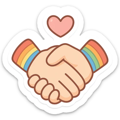 chibi sticker-style pair of clasped hands with a heart and rainbow bracelets, cute and exaggerated sticker