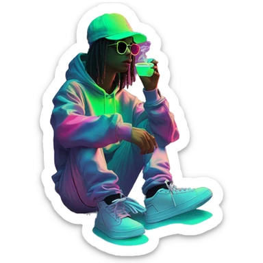 Multicoloured neon person smoking wearing hoodie dancing hip hop bucket hat tropical Skater fashion aesthetic baggy clothes graphic t shirt 420 sticker