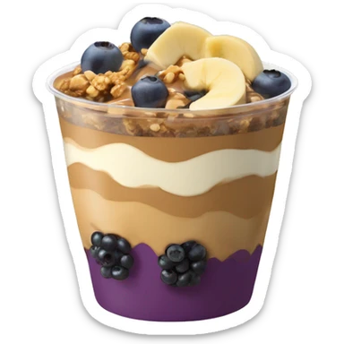 Açai bowl in a cup with layers of peanut butter, cashew nuts, granola, condensed milk, Banana and blueberrys sticker