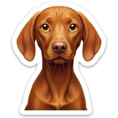 Cinematic Noble Vizsla Portrait Emoji, Poised and regal, with a sleek, athletic build and a short, smooth Fur of rust and gold, deep-set soulful amber eyes, Simplified yet sharp and sophisticated features, highly detailed, glowing with a soft, dignified glow, high shine, intelligent and agile, stylized with an air of determination, focused and attentive, soft glowing outline, capturing the essence of a watchful and confident companion, so majestic it feels as though it could sprint out of the screen with effortless authority! sticker
