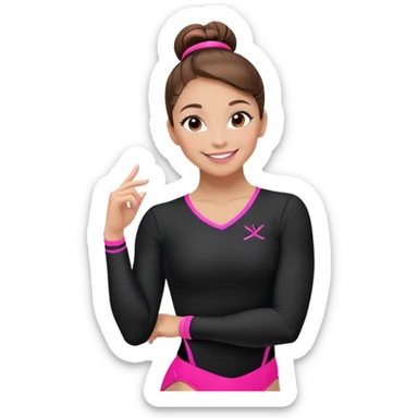 Happy female gymnast with brown hair in a neat bun, wearing a black uniform with neon pink elements. sticker