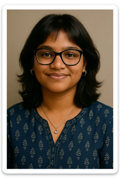 Keep the face and hair the same as the reference photo. Use realistic skin tone matching the reference. Add slight fringes on the top to slightly cover the forehead. Make the background soft beige. Change outfit to an indigo, handprinted kurti. Add bigger silver hoop earrings and a simple silver pendant around her neck. Keep the same friendly expression and black bowline spectacles. sticker
