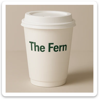 Make the white coffee cup a to-go cup with a lid, keep 'The Fern' in a friendly, modern font, minimal and clean style. sticker