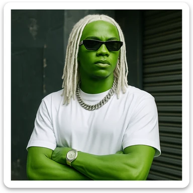 a man with slime green skin, wearing a white shirt, with long white hair, inspired by the look of rapper Nettspend sticker