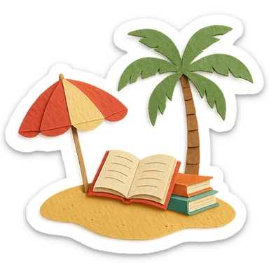 cozy beach reading nook with books, umbrella, and palm tree, layered paper effect, paper-craft style sticker