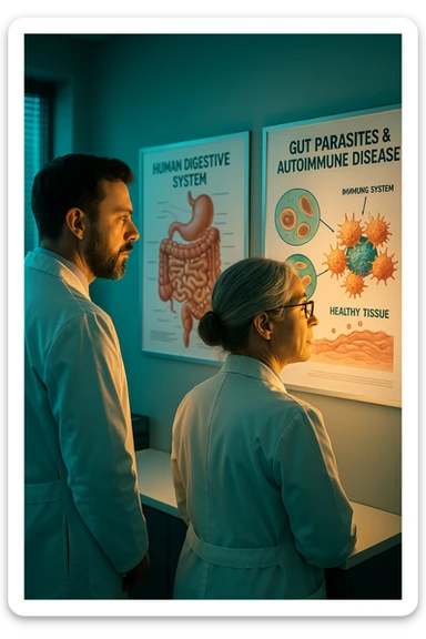 In italiano Realistic, detailed photo taken from behind of two doctors—a bearded man and a middle-aged woman—standing side by side in a modern medical office, intently studying a large, illuminated medical chart on the wall. The chart displays a detailed diagram of the human digestive system, highlighting the intestines and showing microscopic images of intestinal parasites. Next to it, another chart illustrates the immune system attacking healthy tissues, visually connecting gut parasites to autoimmune disease mechanisms. The room is bathed in a single green-blue color, with a warm, yellow-orange light casting soft shadows around the doctors. Both wear white coats and have serious, focused expressions, suggesting a deep discussion about the root causes of autoimmune conditions. Shot with a Canon EOS R5, with high detail, natural depth of field, and a clinical yet dramatic atmosphere. sticker