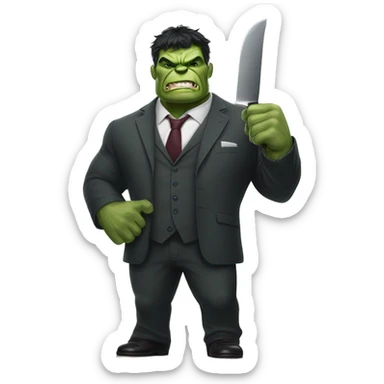 Hulk mascot wearing formal slacks and broad-bladed cleaver-like knife  sticker