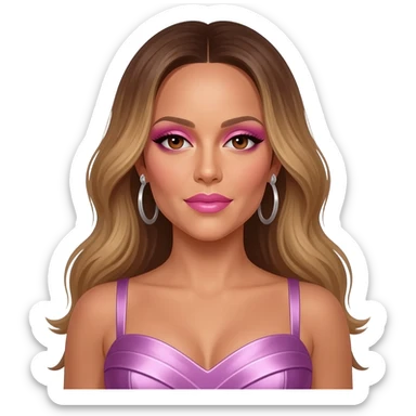 Mariah Carey with brown eyes, pink eyeshadow and lipstick, long dark blonde hair, lavender pink metallic sweetheart dress, silver earrings sticker