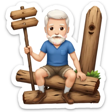 A white haired man with a beard sitting on a piece of wood wearing shorts sticker