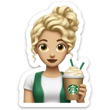 girl holding starbucks, blonde hair in a curly bun sticker