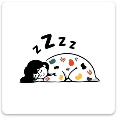 A cute curled-up sleeping person under a colorful blanket with peaceful smile and soft Z's floating. Cozy feeling with gentle pastel colors. Hand-drawn doodle style. sticker