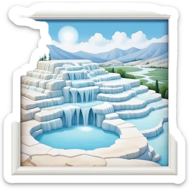Cinematic Realistic Pamukkale Landmark Emoji, showcasing surreal cascading terraces of thermal waters rendered with ethereal textures and soft, luminous lighting. sticker