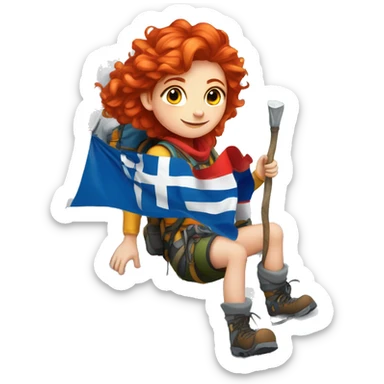 Female winter mountain climber red hair white skin climbing with Greek and EU flags and Easter eggs basket sticker