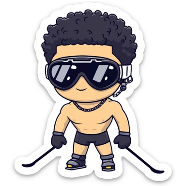 shirtless male athlete with white skin and moderately curly black hair on top with shaved sides, wearing black ski goggles with very dark heavily tinted black lenses that completely hide the eyes, and a simple plain black chain necklace, no earrings sticker