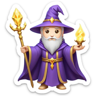Clash of Clans aesthetic: Cinematic heroic powerful Wizard Hero Emoji, rendered in a 3D vector-style similar to standard emojis with minimal shading and bold, simplified shapes. A compact, isometric figure draped in flowing enchanted robes and wielding a mystical staff, softly glowing with an arcane magical charm. Simplified yet unmistakably iconic, highly detailed and consistent, glowing with a soft radiant glow and high shine. Stylized with a touch of whimsical sorcery and a soft glowing outline, capturing the essence of a powerful wizard ready to cast spells with a friendly, playful spirit! sticker