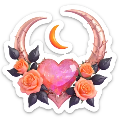 gothic heart made of rose gold glass, silver crescent moon, blush pink roses, holographic stardust, neon orange lightning, wet and cracked glass sticker