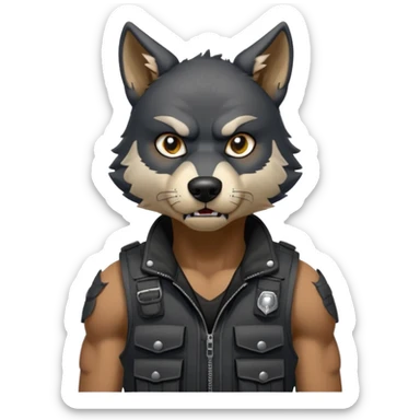 A black anthropomorphic wolf with white marks, he is wearing a muzzle, and his ears are standing up with a variety of piercings. He has a black tactical vest on, and he is in a grumpy mood, his arms just hanging by his side sticker